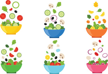 Vector illustration of flying salad ingredients falling into colorful bowls with vegetables, herbs, fruits, and greens for healthy food.