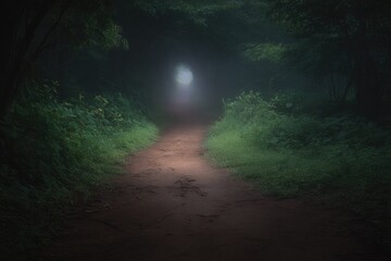 Obraz premium Misty forest path leads to a light source