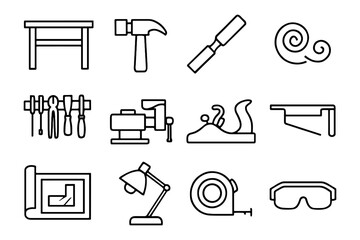 Fototapeta premium Outline icons of woodworking tools and equipment for carpentry projects