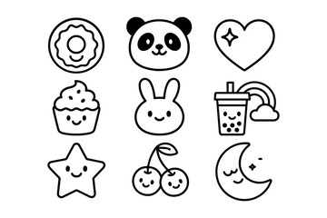 Cute kawaii icons collection: animals, sweets, and celestial symbols in outline style