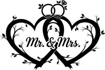 Elegant mr. & mrs. wedding emblem with intertwined hearts and branches vector silhouette