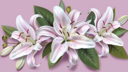 Fototapeta premium Elegant White Lilies with Pink Spots and Green Leaves on Soft Pink Background