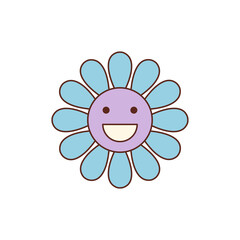 Groovy retro flower sticker with happy smile in colorful cartoon patch style. Circle shape forms a groovy element and y2k look. Fun and positive accent for playful, trendy creative decor.