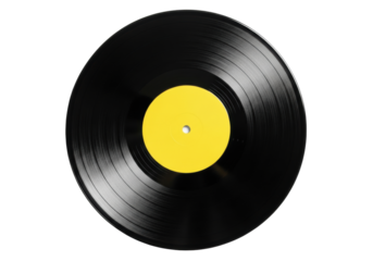 A classic black vinyl record with reflective grooves and a blank bright yellow label, isolated on a transparent background with hard light. Concept of vintage music culture