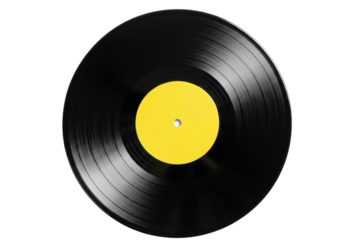 A classic black vinyl record with reflective grooves and a blank bright yellow label, isolated on a transparent background with hard light. Concept of vintage music culture - Powered by Adobe