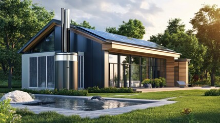 Modern home with solar panels, pool, and chimney in a sunny, green setting