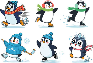 Playful cartoon penguins in winter clothing ice skating, playing hockey, and running joyfully with scarves, hats, earmuffs, and festive accessories
