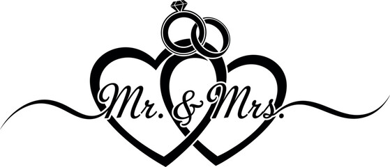 Elegant mr & mrs interlocking hearts with wedding rings symbolizing union vector silhouette