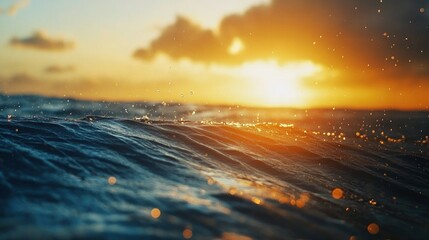 Ocean waves glistening under a golden sunset with a blurred sky