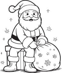 Santa Claus with gifts and candy cane outline line art doodle cartoon illustration. Vector
