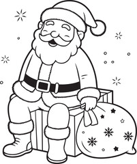 Santa Claus with gifts and candy cane outline line art doodle cartoon illustration. Vector