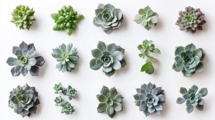 Overhead shot showcasing a variety of succulent plants arranged on a clean white background
