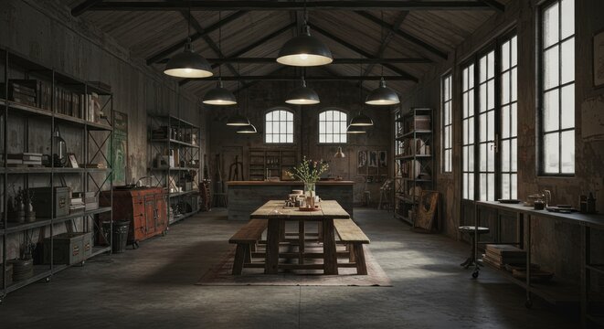 A loftstyle interior featuring a large wooden table beneath pendant lights flanked by bookshelves and tall windows conveying a rustic industrial aesthetic