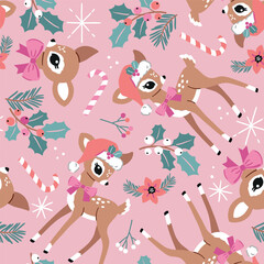 Seamless vector pattern with cute vintage Christmas deer and candy. Hand drawn retro Christmas fawn pattern. Perfect for textile, wallpaper or nursery print design. EPS10 vector file.