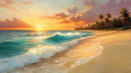 Painting of a tropical beach at sunset, with waves crashing on golden sand and palm trees