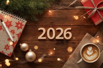 New Year 2026 celebration with festive decorations, gifts, ornaments, coffee, and holiday lights on wooden background – AI-Generated.