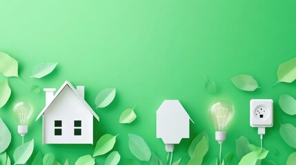 Paper cutout scene of a house, energy concept, leaves, and glowing light bulbs on a green background