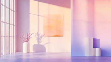 Pastel room with sunlight streaming through a window, casting shadows. Interior with art & decor