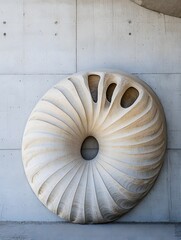 Obraz premium Large circular organic sculpture with detailed wooden layers against concrete wall