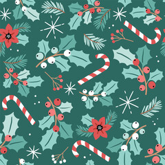 Christmas foliage, candy cane and poinsettia. Hand drawn winter ornament. Seamless vector pattern with for textile, wallpaper or nursery print design. EPS10 vector file.
