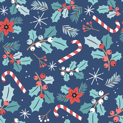 Seamless vector pattern with Christmas foliage, candy cane and poinsettia. Hand drawn winter ornament. Perfect for textile, wallpaper or nursery print design. EPS10 vector file.