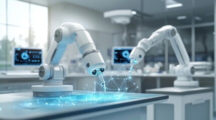 Robotic arms working in a clean lab setting, interacting with a glowing digital display