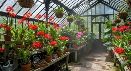 Obraz premium A lush greenhouse filled with vibrant red and pink flowers, potted plants, and hanging baskets, creating a beautiful botanical display