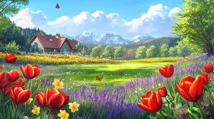 Scenic countryside illustration featuring a house, field of flowers, mountains, and butterflies