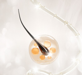 Hair follicle with clear gel serum drop and oil bubbles. Shampoo, yellow honey mask, keratin vitamin. Liquid cosmetic wave and splash. Beauty care 3d background, treatment and repair. 3D illustration