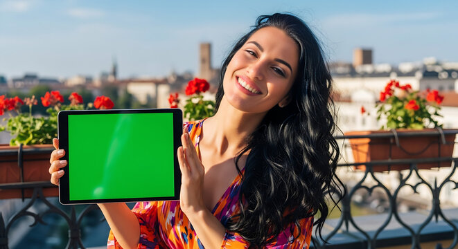 Smiling woman holding a tablet computer with a green screen outdoors, showcasing digital technology with a scenic urban background in the distance