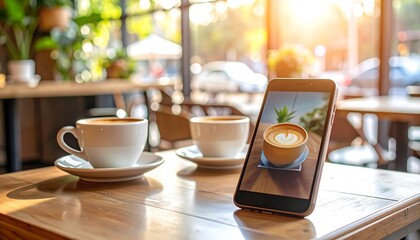 Latte Art Captured: Smartphone Displaying Coffee Photo Amidst Cafe Ambiance