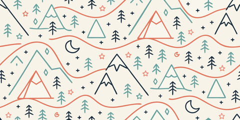 Whimsical hand drawn mountain and forest pattern with moon and stars in muted colors