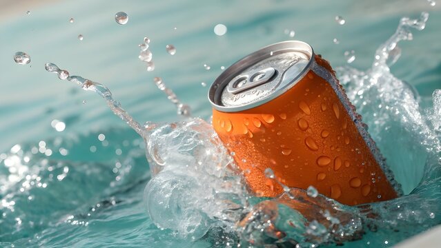 Refreshing orange soda can splashing into cool blue water with droplets and motion blur