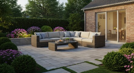 Wicker patio set with light cushions sits on a stonetiled patio Garden and house form backdrop