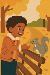 Child feeding a squirrel on a park bench in autumn illustration