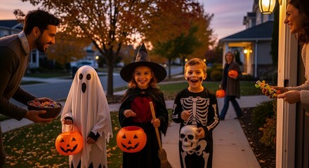 Children in costumes trick or treating on halloween night with parents in suburban neighborhood setting