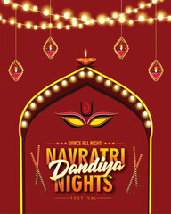 Illustration of couple playing Garba and Dandiya in Navratri Celebration and dandiya night,  Gujarati Garba Night poster for Navratri Dussehra festival of India