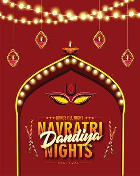 Illustration of couple playing Garba and Dandiya in Navratri Celebration and dandiya night,  Gujarati Garba Night poster for Navratri Dussehra festival of India