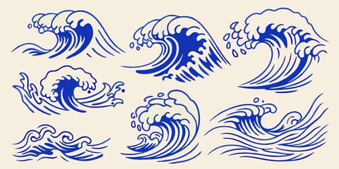 Collection of stylized blue and cream japanese wave illustrations on a light background