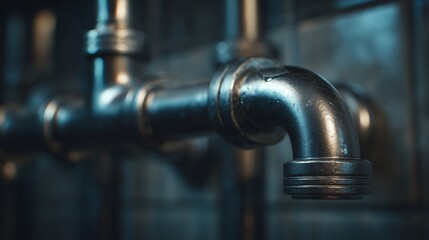Close-up of metallic pipes and fittings, gleaming under soft light in an industrial setting. The image highlights craftsmanship, utility, and mechanical precision.