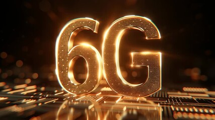 6G Glowing golden 6G digital circuit with futuristic technology and sparkling light effects on dark background featuring warm golden light and bokeh - Powered by Adobe