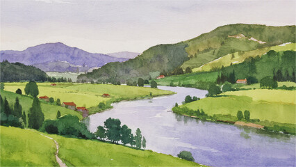 Scenic River Landscape: A watercolor painting of a serene landscape, featuring a winding river cutting through lush green meadows and rolling hills. Tranquility and natural beauty.