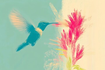 Obraz premium Vibrant hummingbird hovering by blossoms in a pastel scene