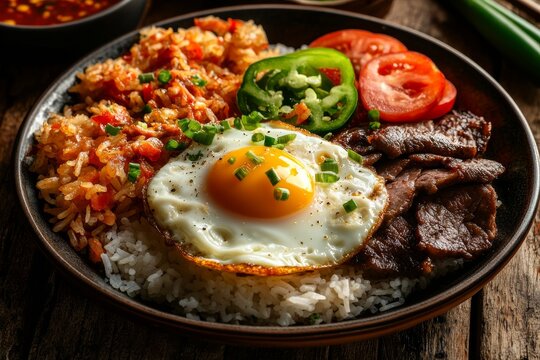 Traditional filipino tapsilog breakfast with garlic rice and egg