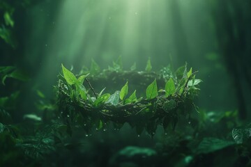 Fototapeta premium Crown made of living vines and leaves, dew drops shimmering, lush forest background,