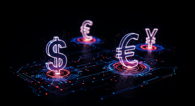 Abstract Digital Currency Business Transaction with Glowing Symbols and Circuits