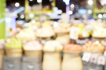 Blurred grocery store supermarket background with bokeh light, Blur fresh food at product shelves in market backdrop, business banner, wallpaper