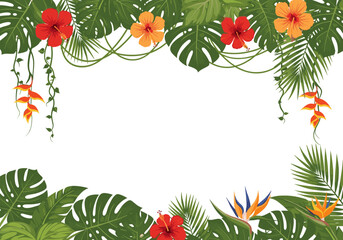 Vibrant tropical rainforest jungle botanical foliage with exotic flowers and hanging vines and leaves