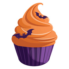 Pumpkin cupcake with bats for Halloween celebration.