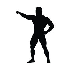 Silhouette of bodybuilder posing showing muscular physique and strong arms for fitness concept